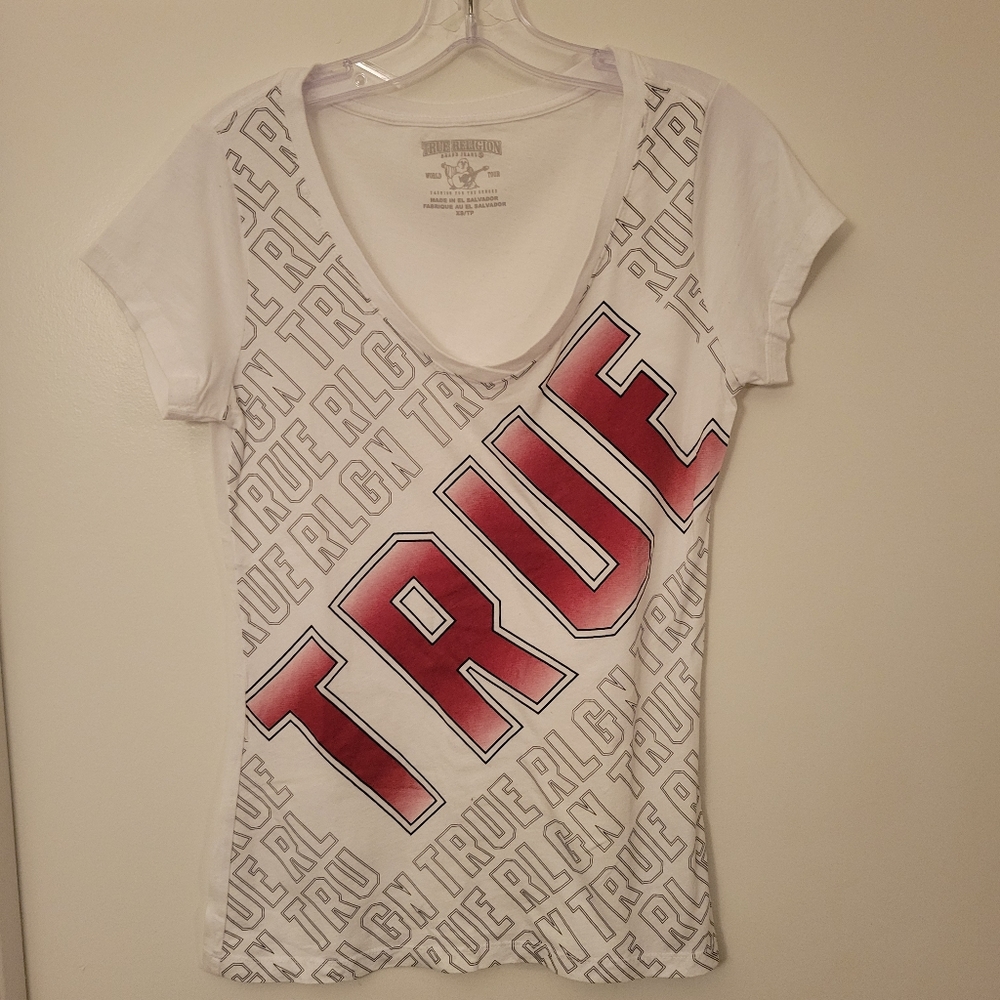 True Religion White Big True Graphic Round V Neck Tee, Size XS